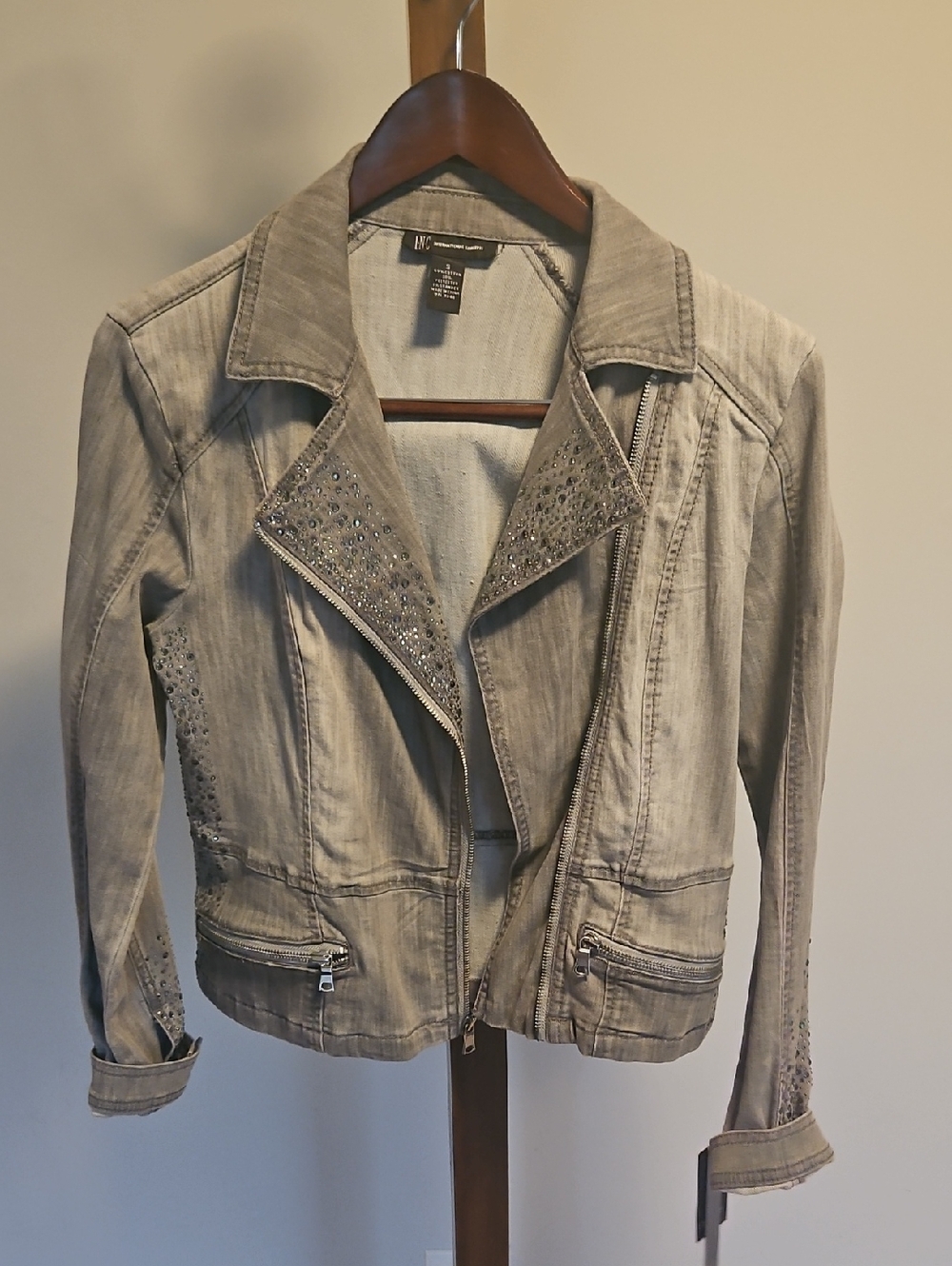 INC International Concepts Womens Light Grey Embellished Moto Jean Jacket S